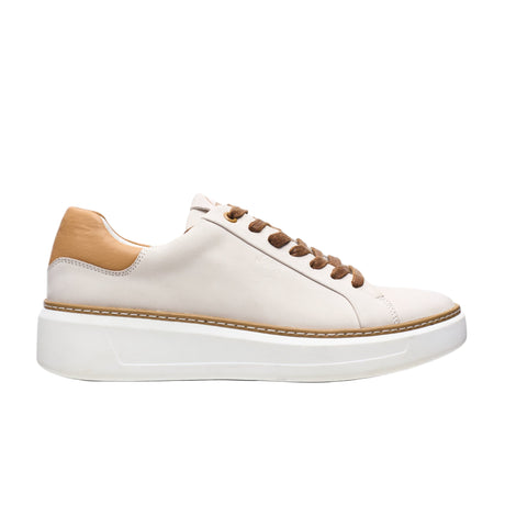 White sneaker with brown accents on a light gray background